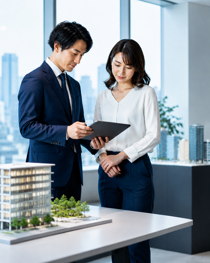 ビル模型を前にタブレットで打ち合わせる社員