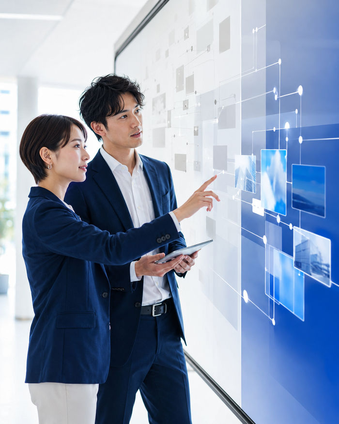 大型ディスプレイで新しい仕組みを検討する社員