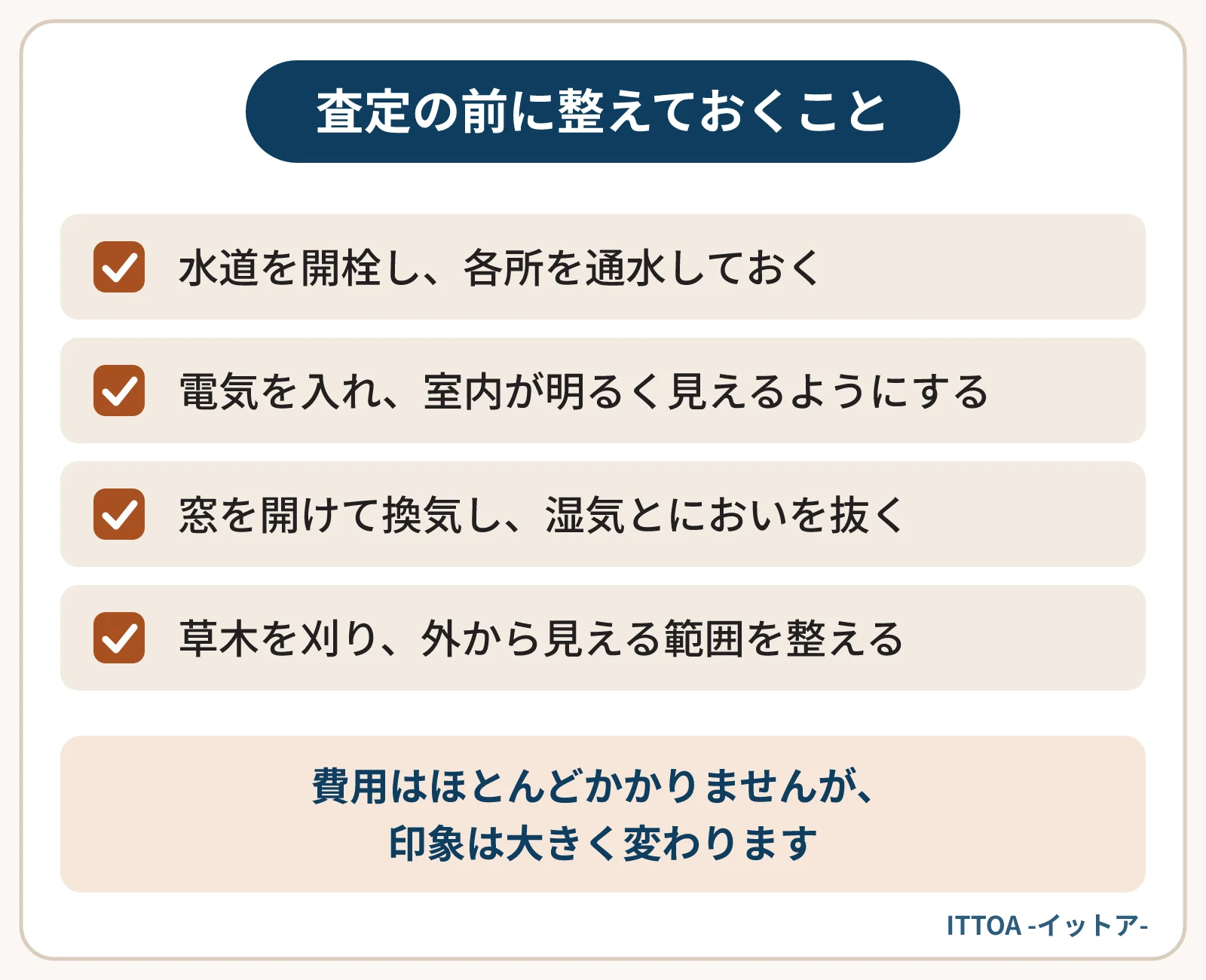 売却が近い空室の物件で、査定や現地確認の前に整えておくことの一覧。水道を開栓して通水する、電気を入れて明るく見せる、窓を開けて換気する、草木を刈って外回りを整える。