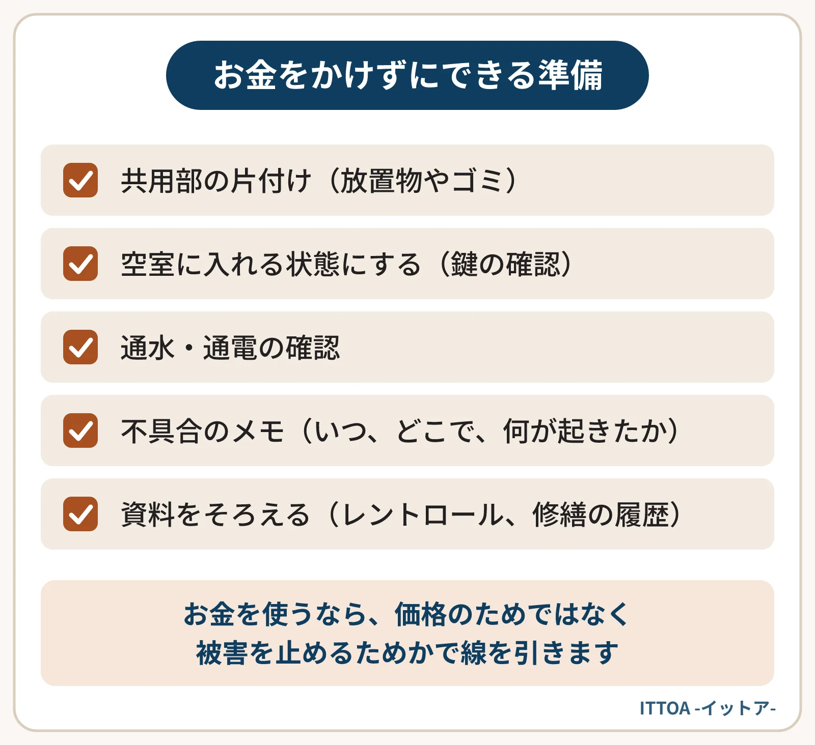 査定の前にお金をかけずにやっておきたい準備の一覧。共用部の片付け、空室に入れる状態にする、通水・通電の確認、不具合のメモ、レントロールや修繕の履歴などの資料をそろえる。