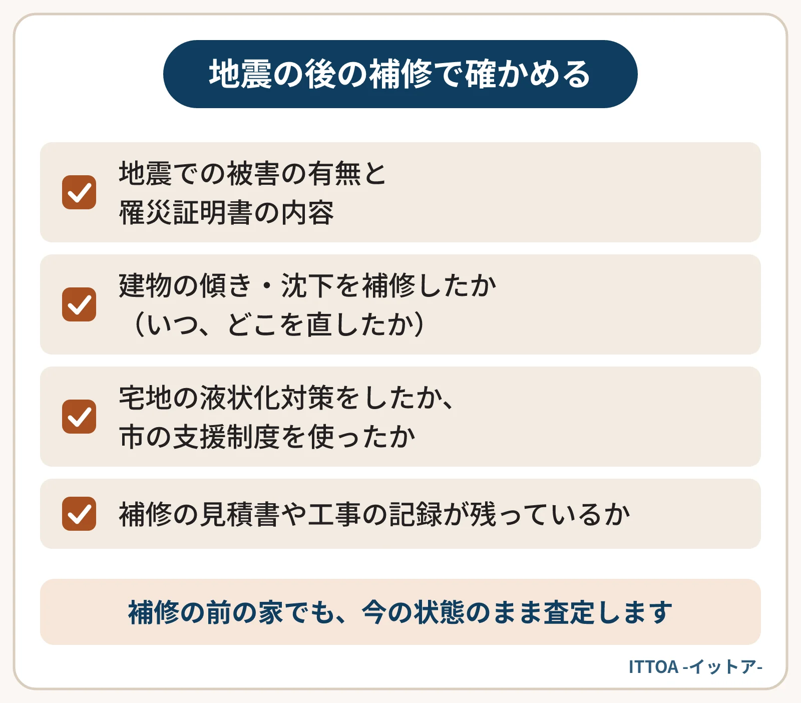 能登半島地震の影響を受けた高岡市の家を売る前に確かめることの一覧。被害の有無と罹災証明書の内容、建物の傾き・沈下を補修したか、宅地の液状化対策や市の支援制度を使ったか、補修の見積書や工事の記録が残っているか。
