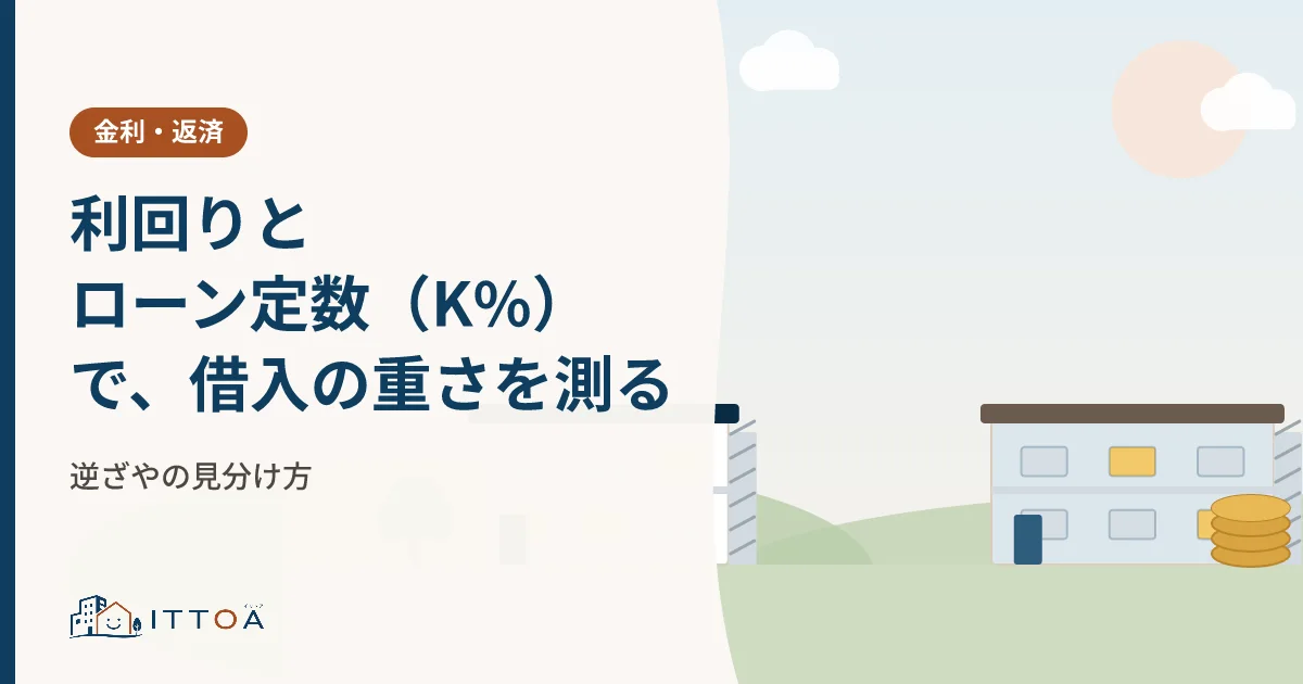 利回りとローン定数（K%）で、借入の重さを測る。逆ざやの見分け方のイメージ