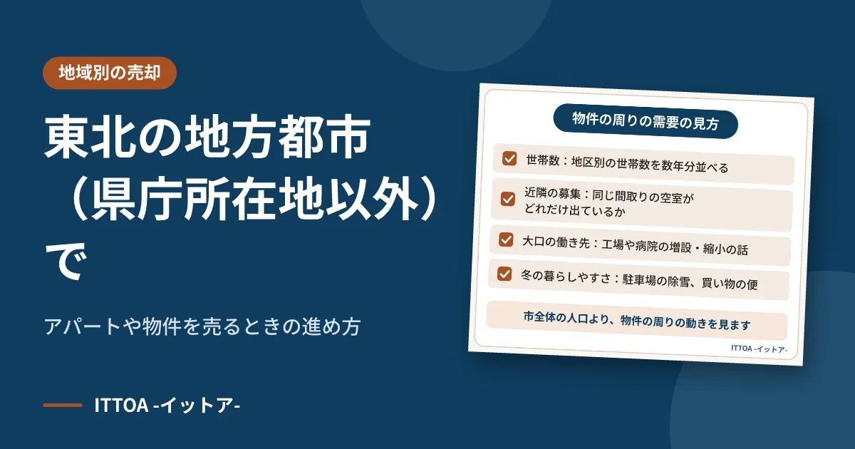 東北の地方都市(県庁所在地以外)で、アパートや物件を売るときの進め方のイメージ